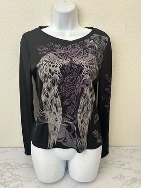Y2K Blouse Top Women's M Black Purple Long Sleeve Knit Gothic Wings Pullover